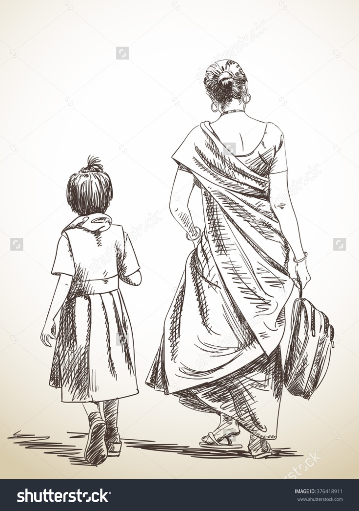 stock-vector-sketch-of-walking-mother-and-daughter-from-school-hand-drawn-illustration-376418911